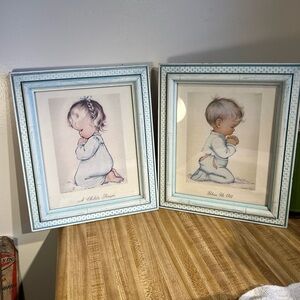 Vintage A Child's Prayer & Bless Us All Boy Girl Praying Prints Framed w/glass